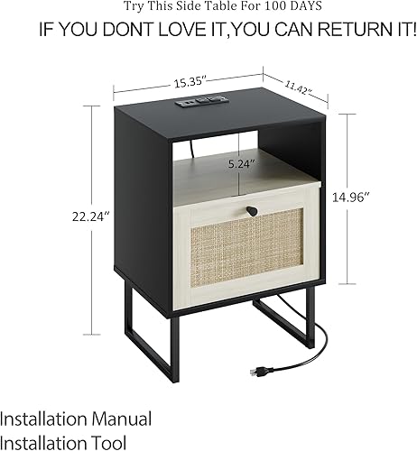 Miniatura 60 de Masupu Mesita de noche de ratán con estación de carga, moderna mesita de noche de madera bohemia con cajón de almacenamiento y estante abierto, mesa