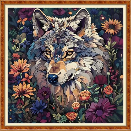 Image of Findvoor Stamped Cross Stitch Kits for Beginner Embroidery Kits for Beginners Adults DIY 11CT Cross Stitch Patterns Needlepoint Kits Crossstitching Kits-Flower Wolf 18x18 inch