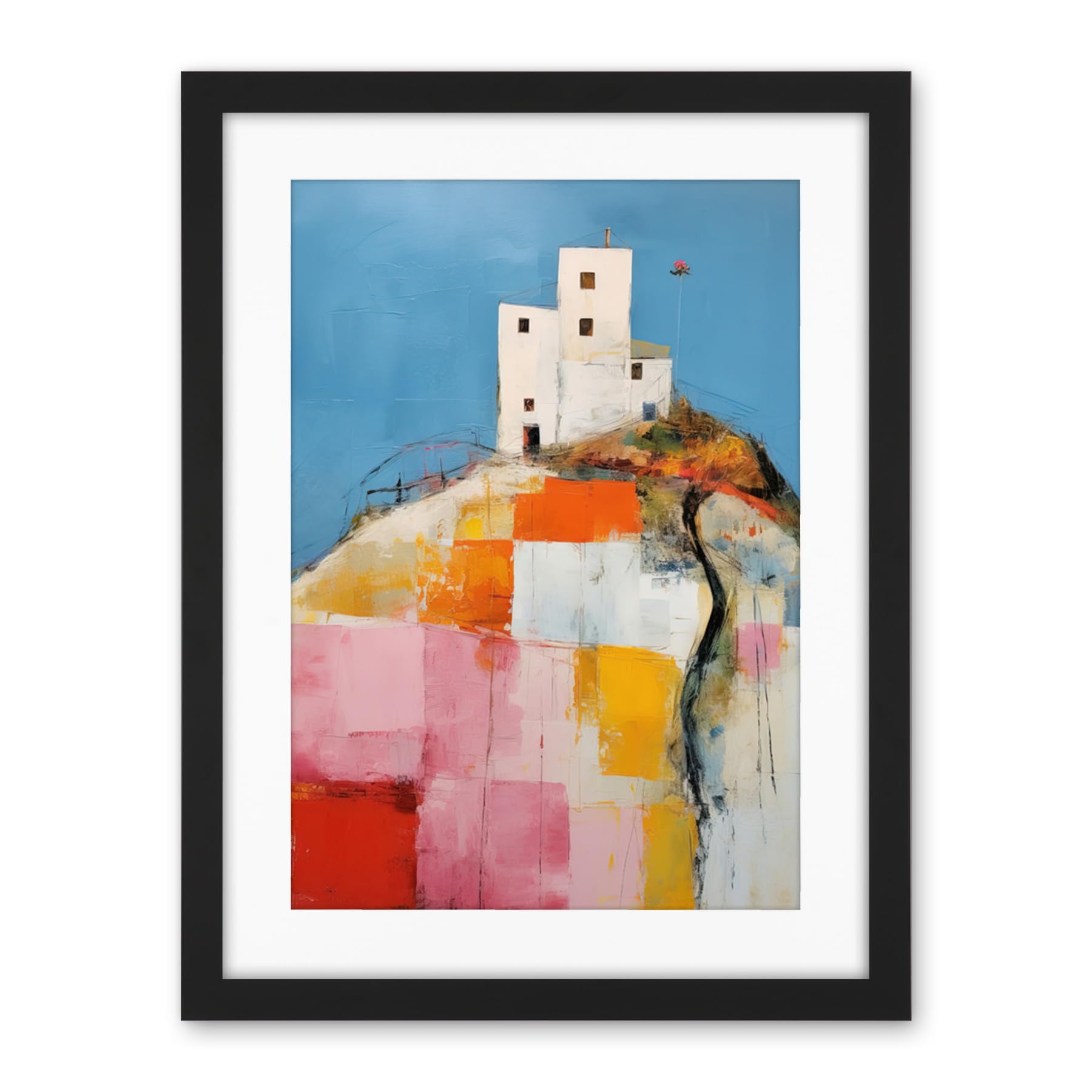 Artery8 House on the Hill Oil Painting Abstract Geometric Patchwork Palette Knife Pastel Colour Rural Landscape Artwork Framed Wall Art Print 18X24 Inch