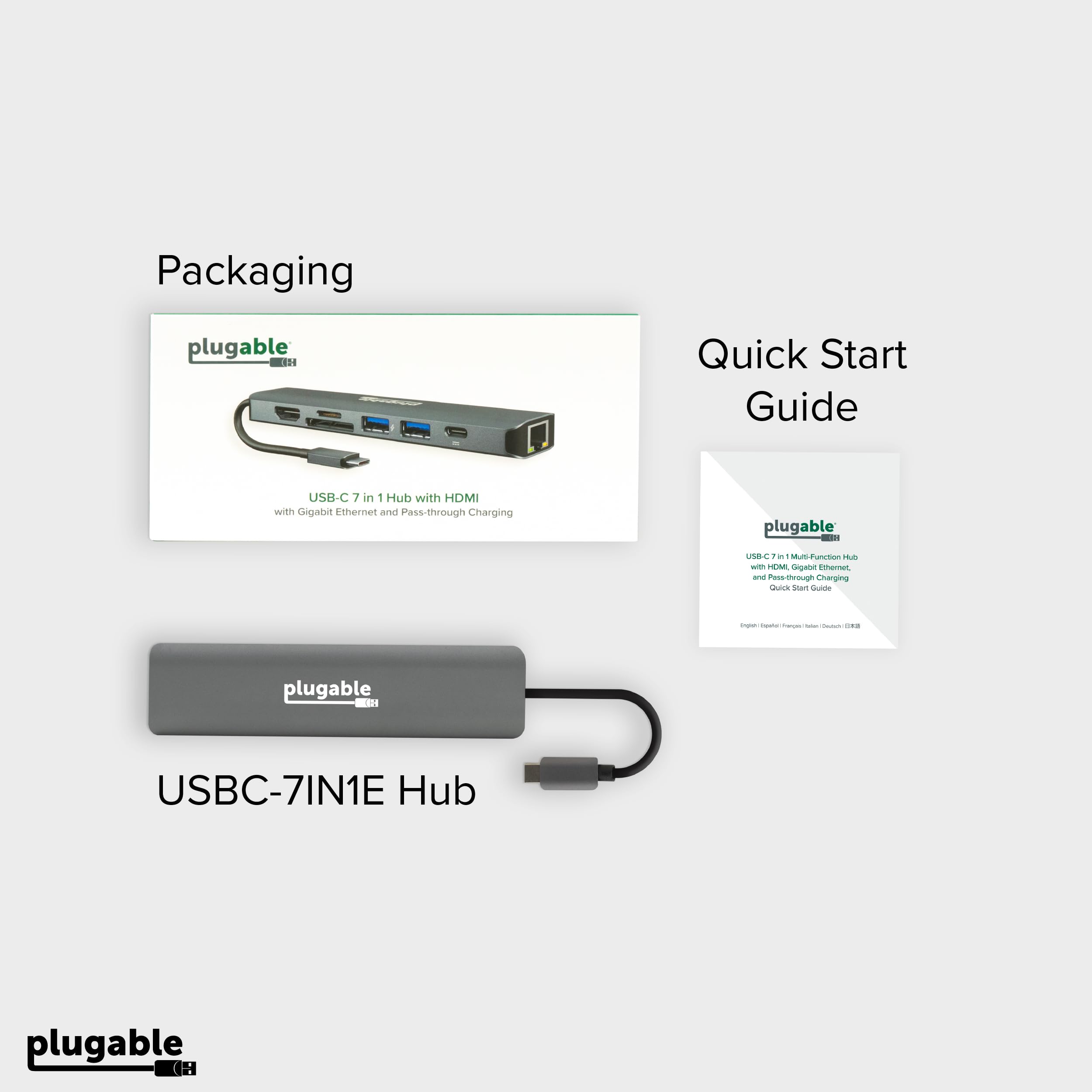 Plugable 7 en 1 Hub USB C Adaptateur Multiport avec Ethernet Compatible avec Mac, Windows, Chromebook, Dell XPS et Thunderbolt 3 (87W Charge, Gigabit Ethernet, 4K HDMI, 2X USB, SD/microSD)