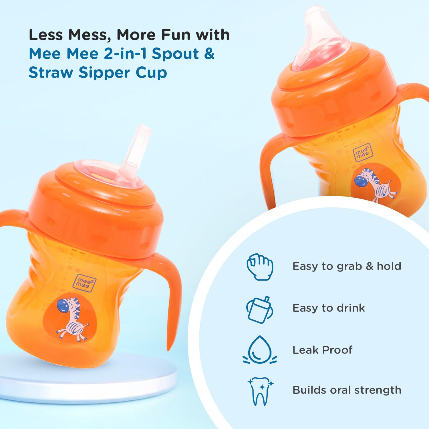Mee Mee 2 in 1 Convertible Soft Spout & Straw Sipper Cup | Anti Spill, BPA-Free & Non-Toxic | Easy to Hold Detachable Handle | Unbreakable, Anti Leak Lock Bottle with Cap for Kids | 150 ml (Orange) - Image 2 thumbnail