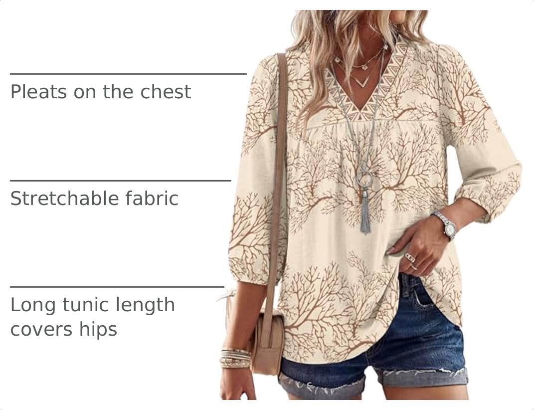 Rapbin Womens Boho Blouses 3/4 Sleeve Tops V Neck Puff-Sleeve Babydoll Pleated Linen Shirts with Button Cuffs image 4