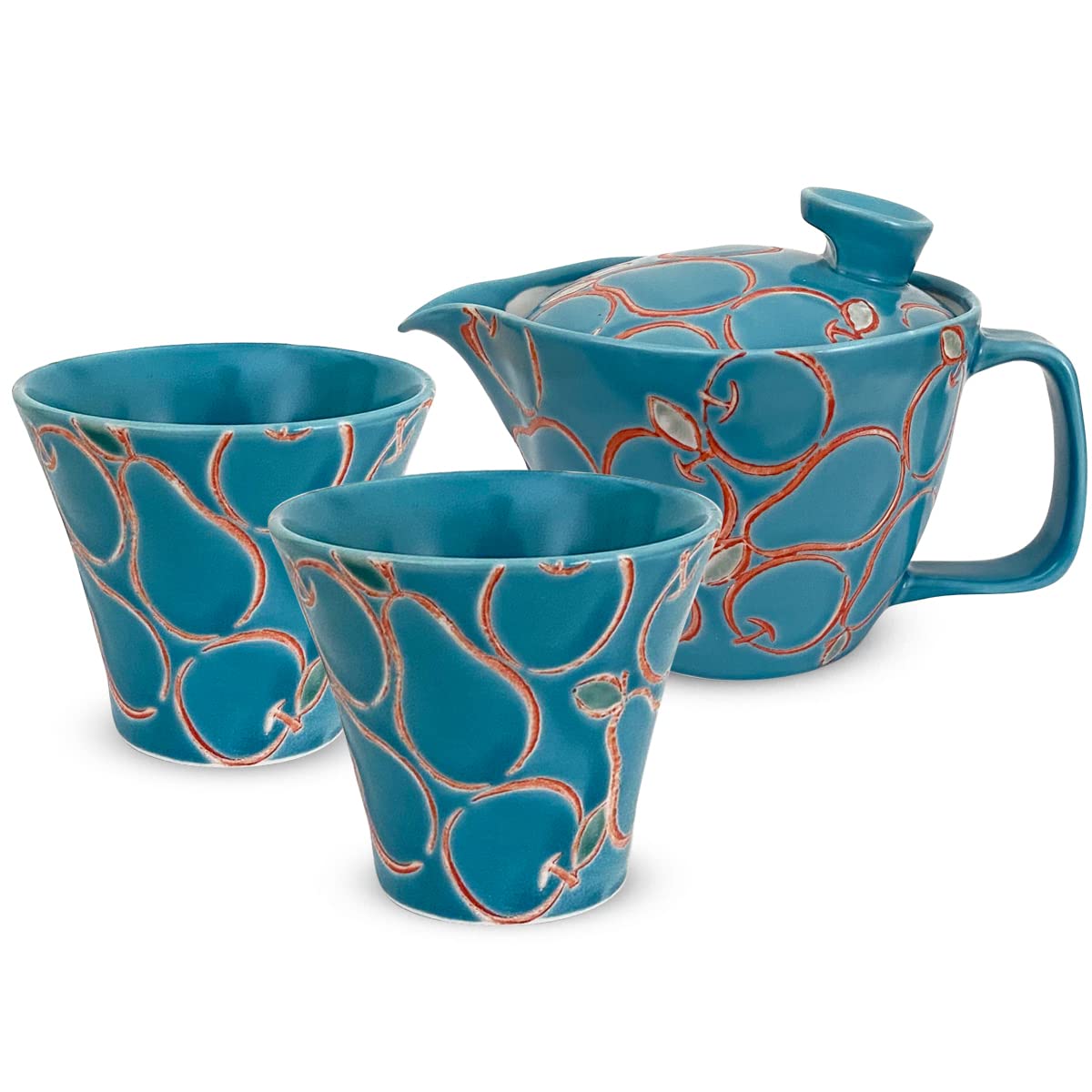 J-kitchens Shozan Kiln Teapot Set, Hasamiyaki, Made in Japan (Teapot, Pair of Tea Cups, Tea Ceremony) 8.5 fl oz (240 ml), 4.5 fl oz (130 ml), For 1 - 2 People, Pier Blue : Home & Kitchen