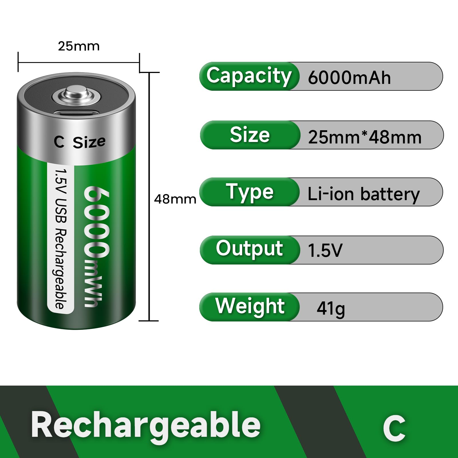 C Pilas Recargables lr14 Batería USB 6000mWh – 1,5 V/Litio Recargables C batería Alta Capacidad con Cable de Carga Tipo C, 3 Horas de Carga rápida (4Pcs)