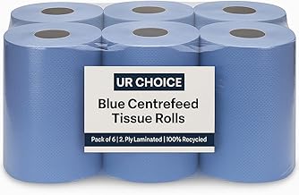 UR CHOICE Blue Centrefeed Paper Tissue Rolls, Pack of 6 Rolls, Multipurpose 2-Ply Laminated Kitchen Towel for Home & Commercial Cleaning