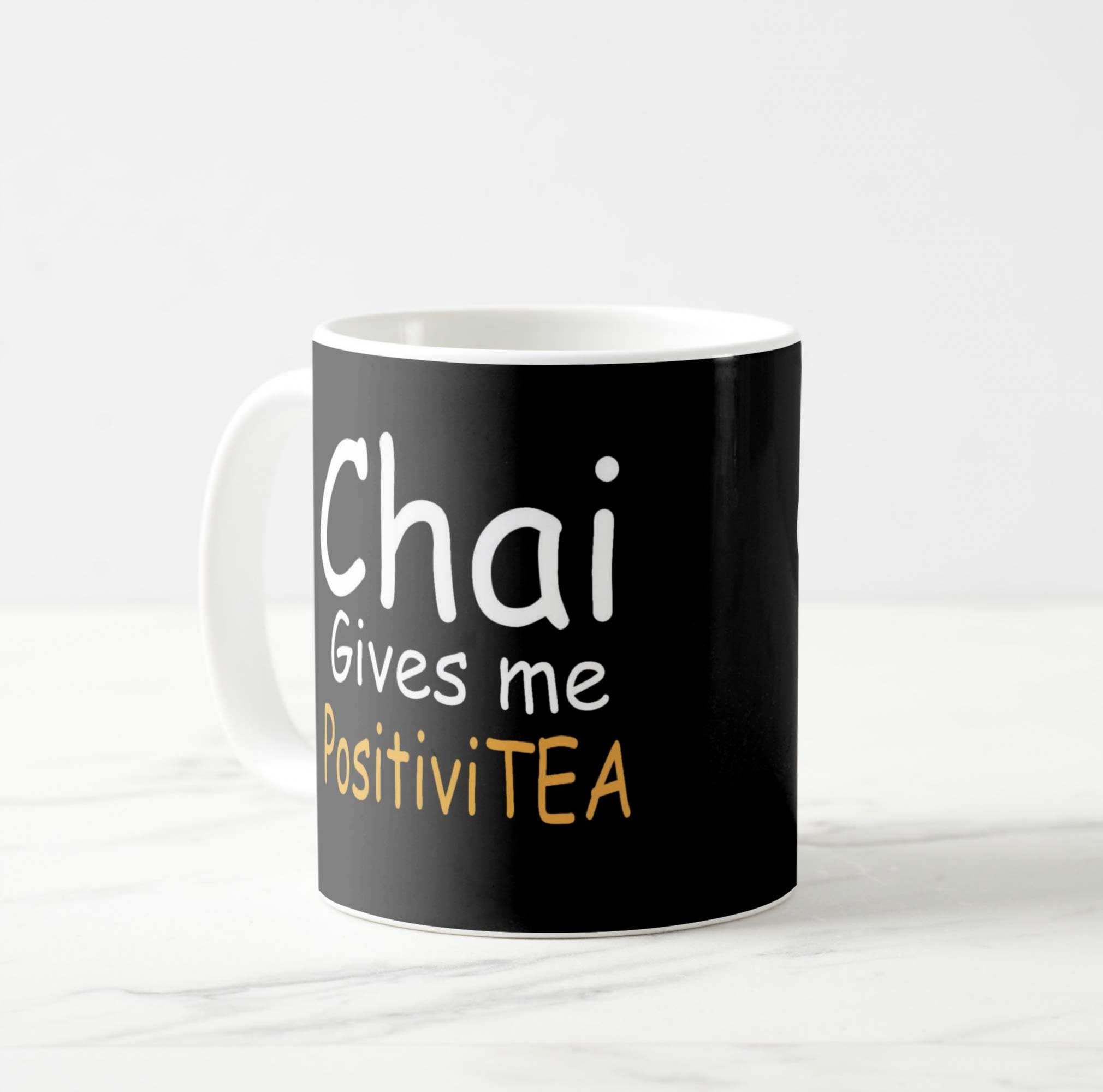V Kraft "chai Gives me positiviTEA with Black Template" White Ceramic Mug with Handle Gift for Anyone On Any Occasion | Coffee Mug & Tea Cup | Pack of 1, 330ml