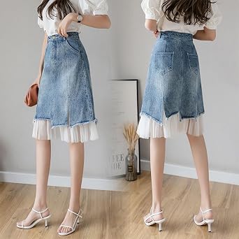 Women's High Waist Vintage Denim Skirt A-Line Lace Double Layer Splicing Y2K Casual Fashion Jean Midi Skirt