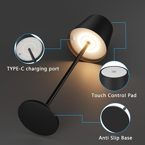 Miniatura 4 de Aipsun Lámpara de mesa inalámbrica recargable, paquete de 2 unidades, 6200 mAh, lámpara de mesa LED de 3 colores con atenuación continua, resistente