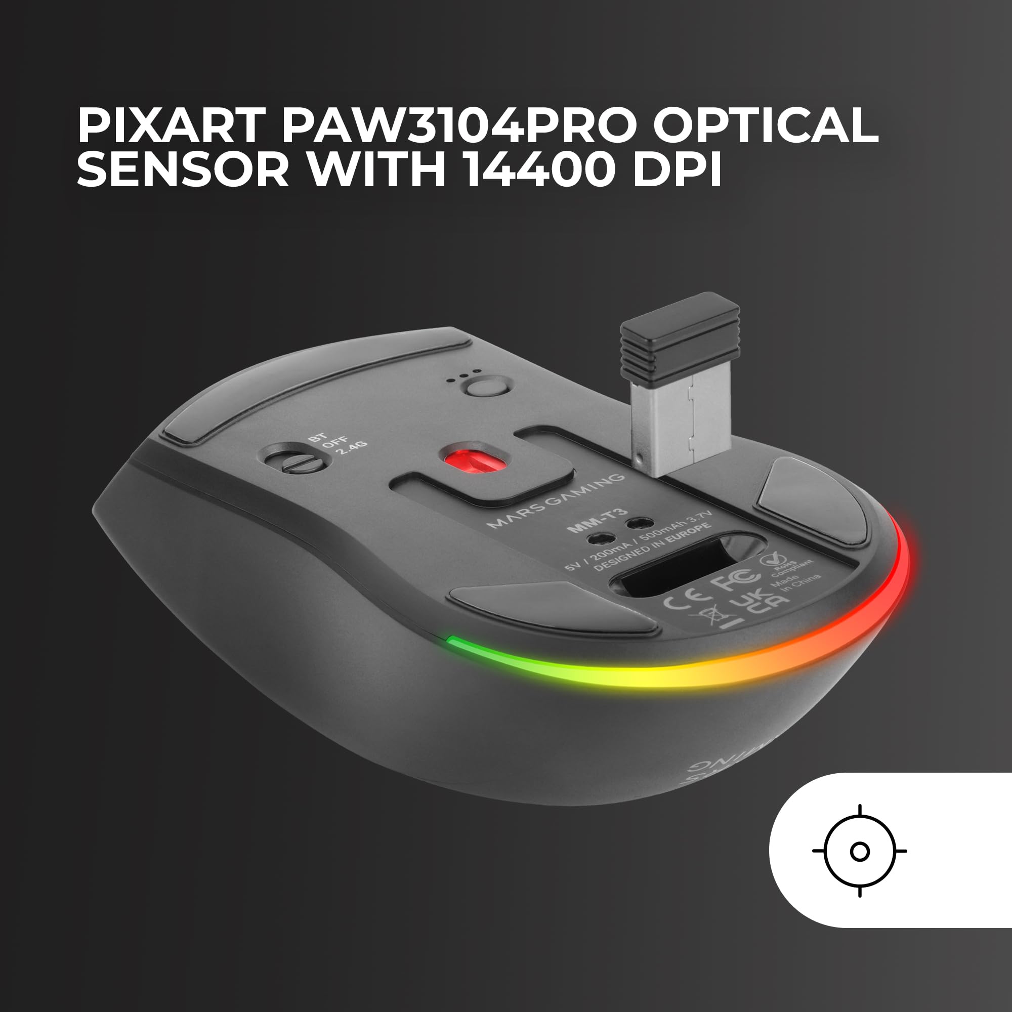 Mars Gaming MM‑T3 Ultralight Wireless Mouse, Bluetooth 5.0 + 2.4 GHz + Cable, Optical Sensor PIXART PAW3104PRO 14400 DPI Magnetic RGB Charging Station, Huano Switches, Control Software, Black