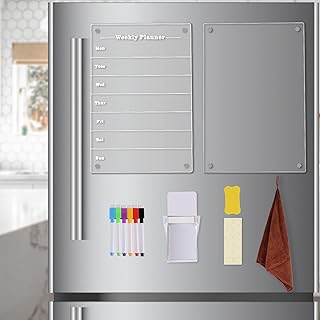 AIEX 2pcs Weekly Meal Planner Magnetic Acrylic Board for Fridge, 13x9'' Clear Weekly Calendar, Magnetic Dry Erase Menu Board with Dry Erase Markers Cleaning Towel Pen Holder for Refrigerator