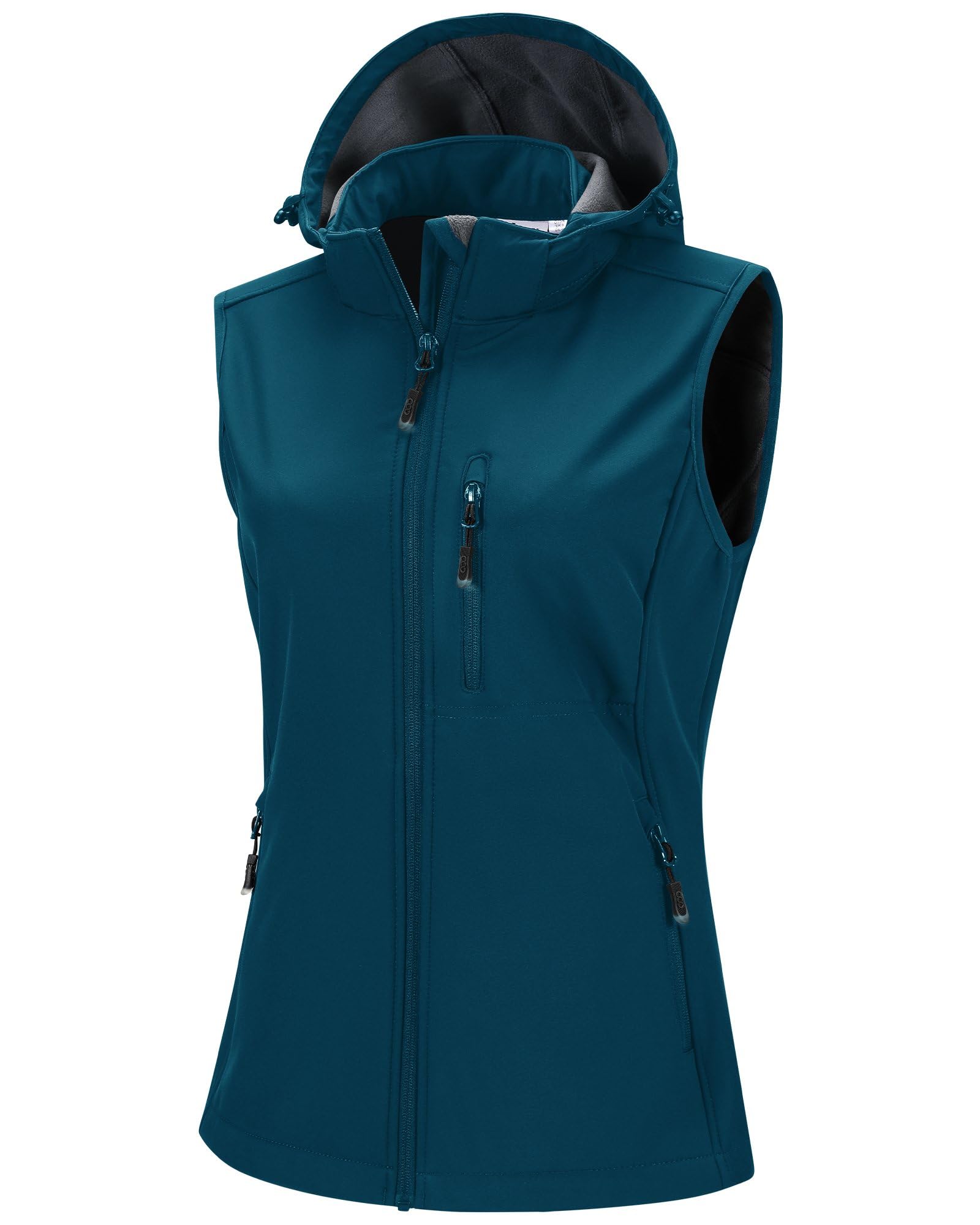 33,000ft Gilet leggero softshell da donna con cappuccio, giacca senza maniche, impermeabile, antivento, in pile, con tasche con zip