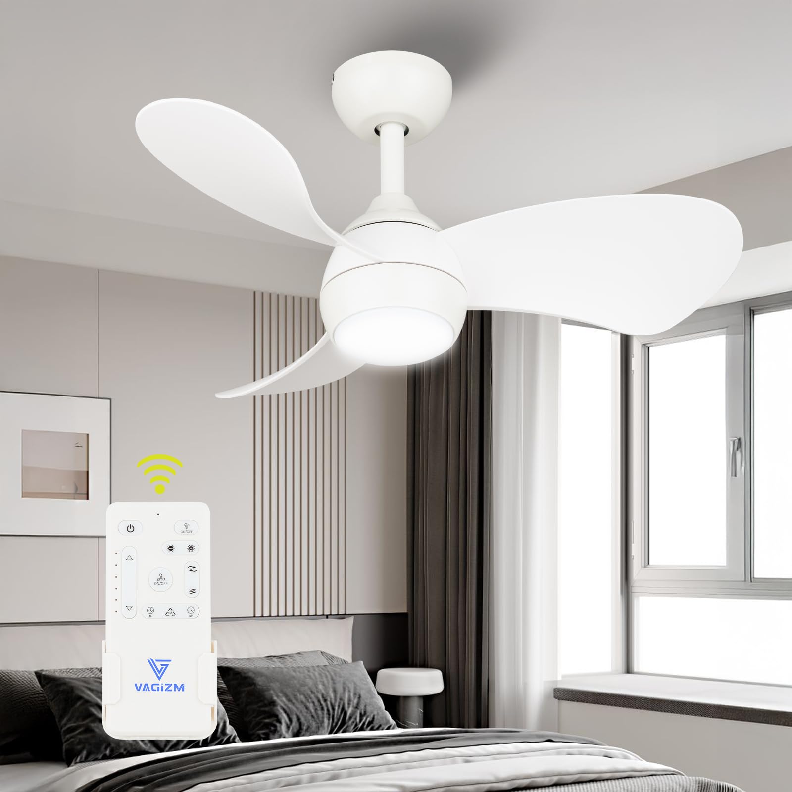 FANSHAIN Ceiling Fan with Light for Bedroom: 30 Inch Small Quiet Ceiling Fan with Remote Control - 6 Speeds and 3CCT - DC Motor Reversible - Indoor