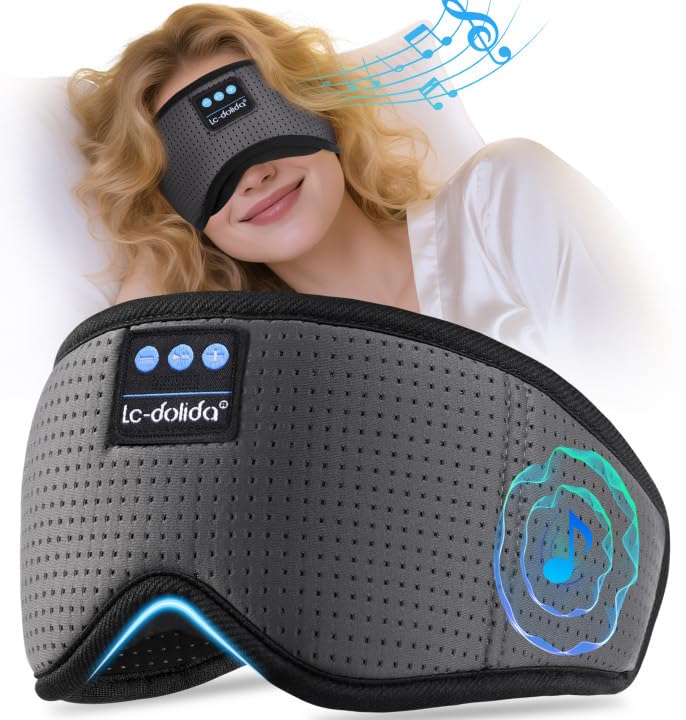 LC-dolida Bluetooth Sleep Mask with White Noise，Sleep Headphones,Bluetooth Wireless Music Eye Mask, Ideal for Travel, Night Work, Napping, Side