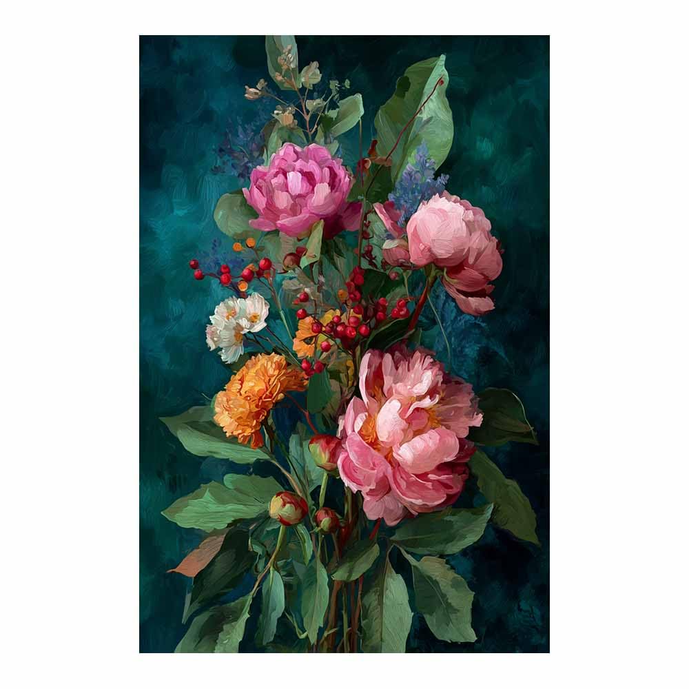 Hoqiu Multicolor Plant Poster Teals Background Peony Bouquet Modern Canvas Wall Art, Decorative Paintings, Canvas Painting Wall Art For Home Decor.(Multicolor)-70X100cm Unframed