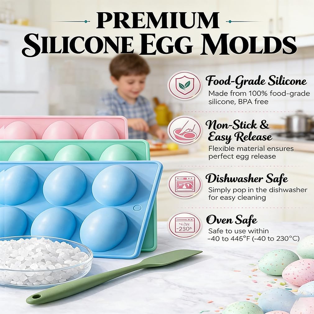 Easter Egg Silicone Mold for Baking, 5 Colors, 8 Non-stick, Silicone Egg Shaped Molds, DIY Baking Supplies Tools Set for Cake, Jello, Ice Cream, Dessert (all)