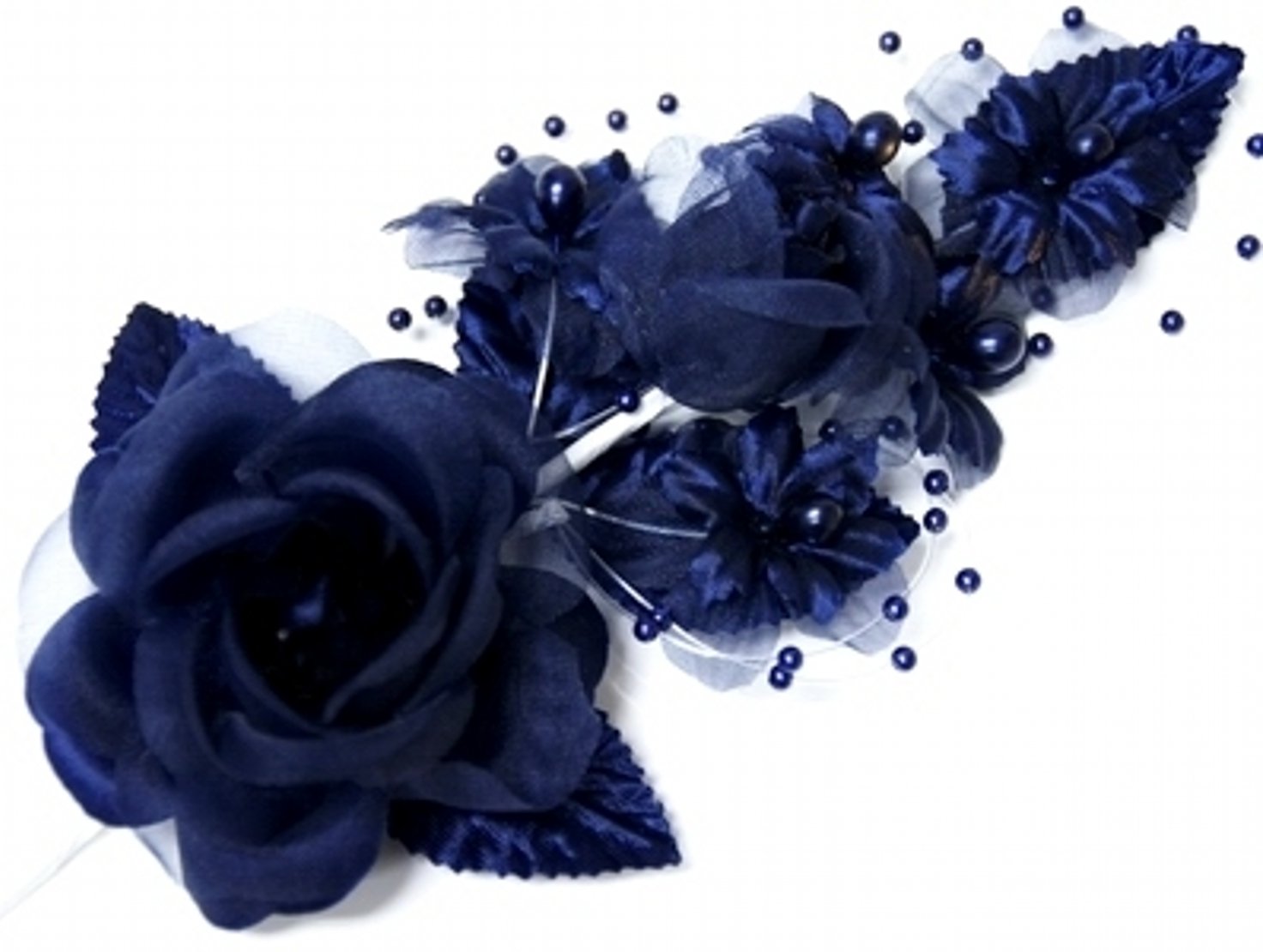 Corsage 3 fleurs en soie bleu marine organza perles pour robe
