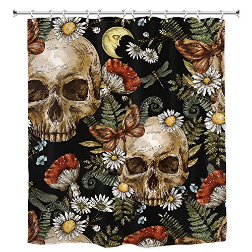 Ambzek Sugar Skull Shower Curtain Mushroom Floral 60Wx72L Inch Gothic Halloween Bathroom Decor Set Goth Skeleton Spooky Men Butterfly Daisy Vintage Artwork Cloth Fabric Bath Accessories 12 Pack Hooks #TOP5