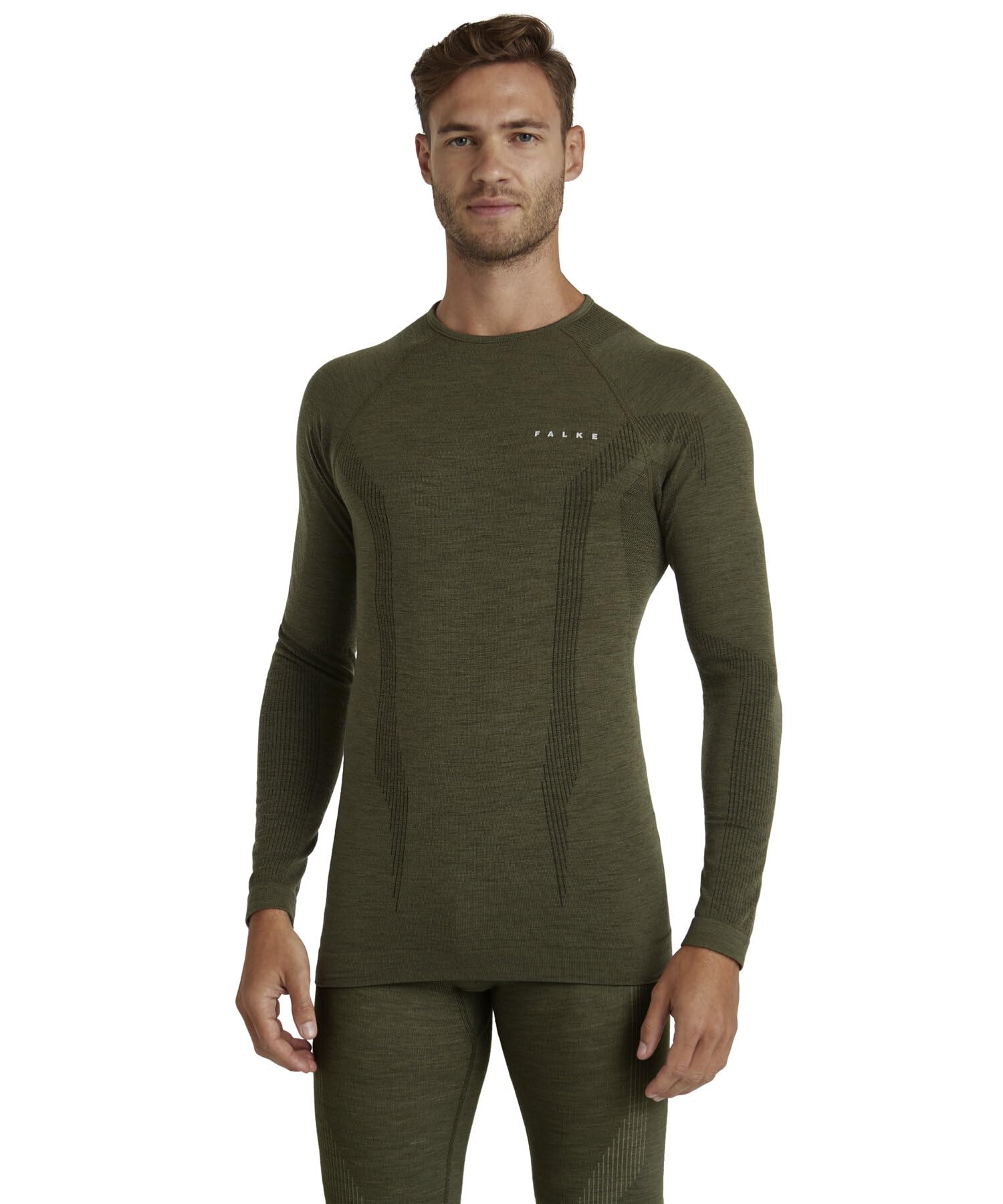FALKE Mężczyźni Warstwa podstawowa (góra) Wool-Tech Round Neck M L/s Sh wełna materiał funkcjonalny szybkoschnące ciepłe 1 Sztuka, Zielony Olive 7830, S