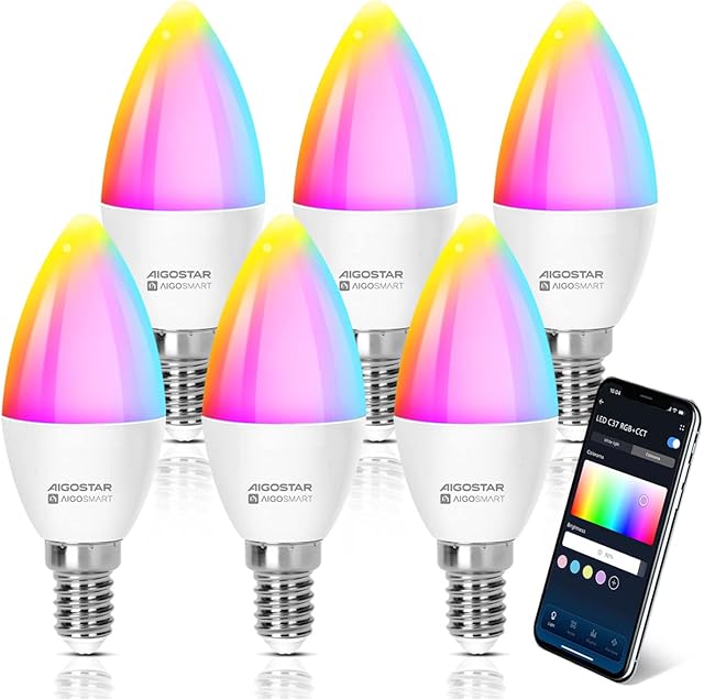 E14 Smart Bulb, Aigostar Smart Candle Bulb, 6.5W Smart Light Bulb RGBCW Colour Changing Light Bulb Compatible with Alexa and Google Home,Sync to Music, Alexa Smart Bulb E14 Dimmable LED Bulb, 6 Pack