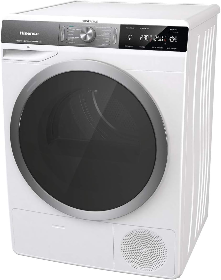 Hisense DHGS90M - Asciugatrice con pompa di calore, trattamento con vapore, carica frontale, 9 kg, motore efficiente interno, aria calda, illuminazione al tamburo, display LED, bianco [Classe di efficienza energetica A++]