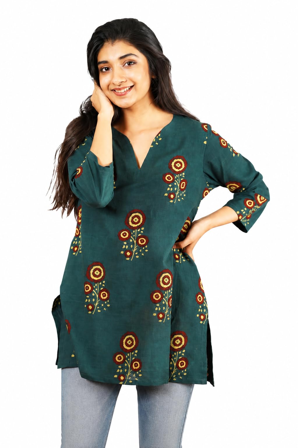 Women's Cotton Blend Tunic, Green Floral Print, 3/4 Sleeve, A-Line, Hip Length, Regular Fit, Free Size-picture-27