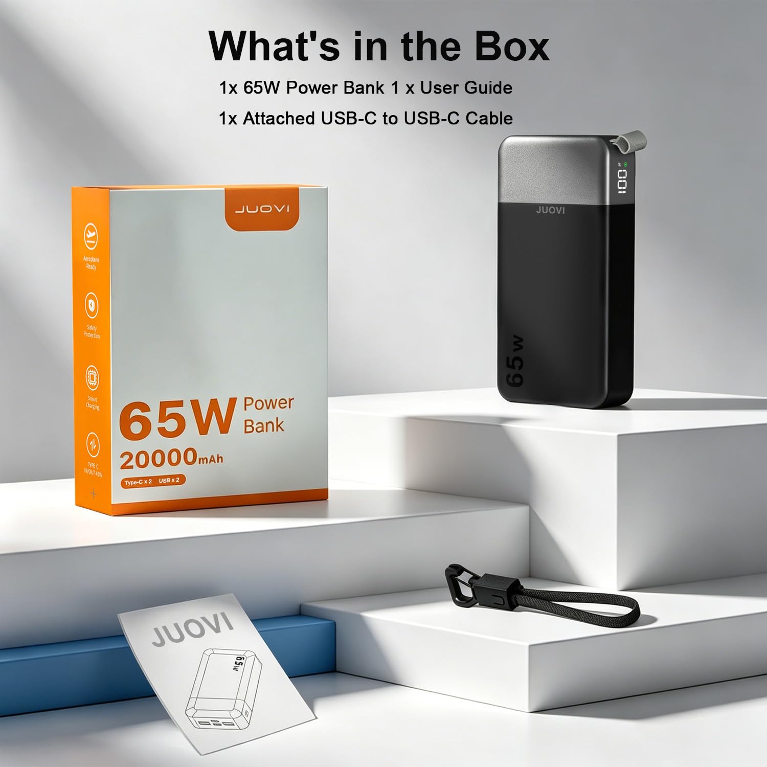 JUOVI Powerbank 20000mAh, 65W Schnellladen Power Bank, Tragbarer Ladegerät mit USB-C-Kabel, 2 USB-C und 2 USB-A, Externer Akku für Phone 17/16/15/14 Serie Laptop MacBook Tablet Notebook Steam Deck