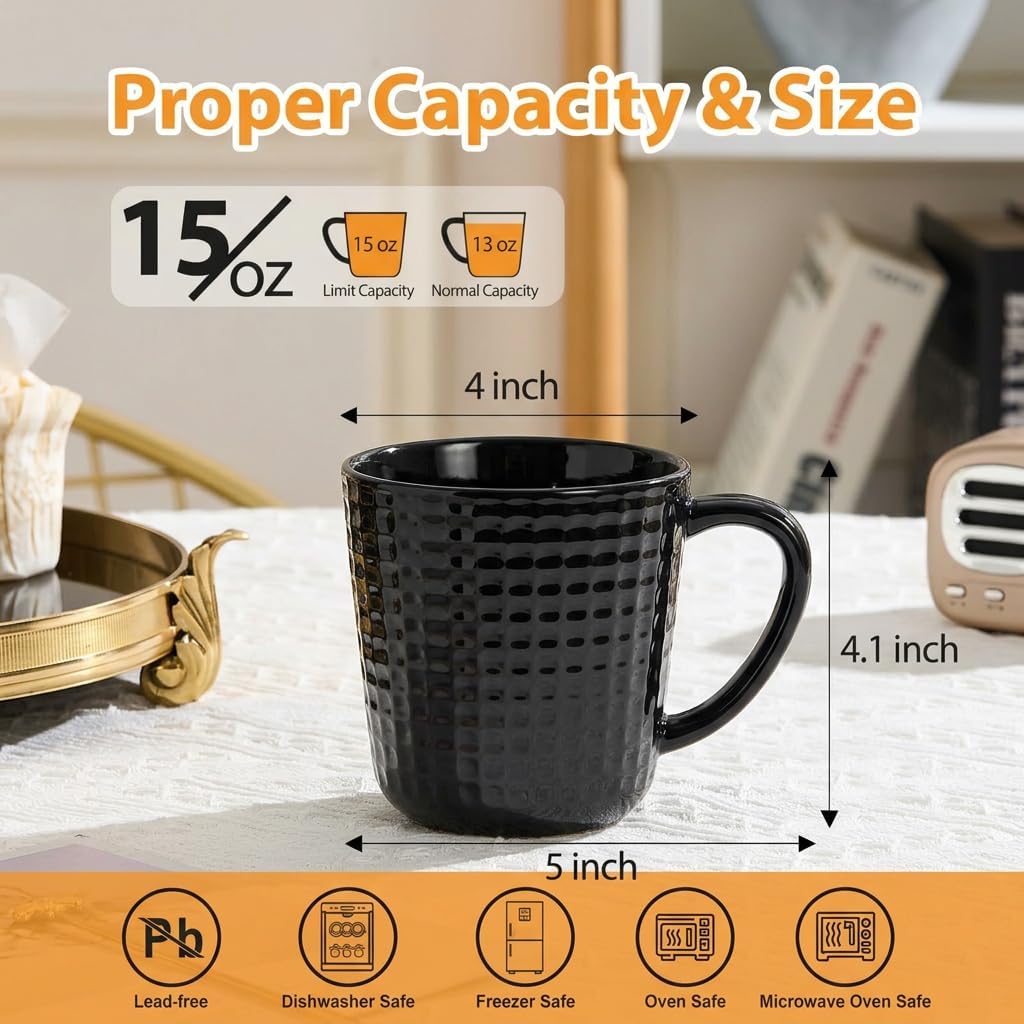 14 oz Ceramic Coffee Mugs Set of 4, Black Coffee Cups with Handle