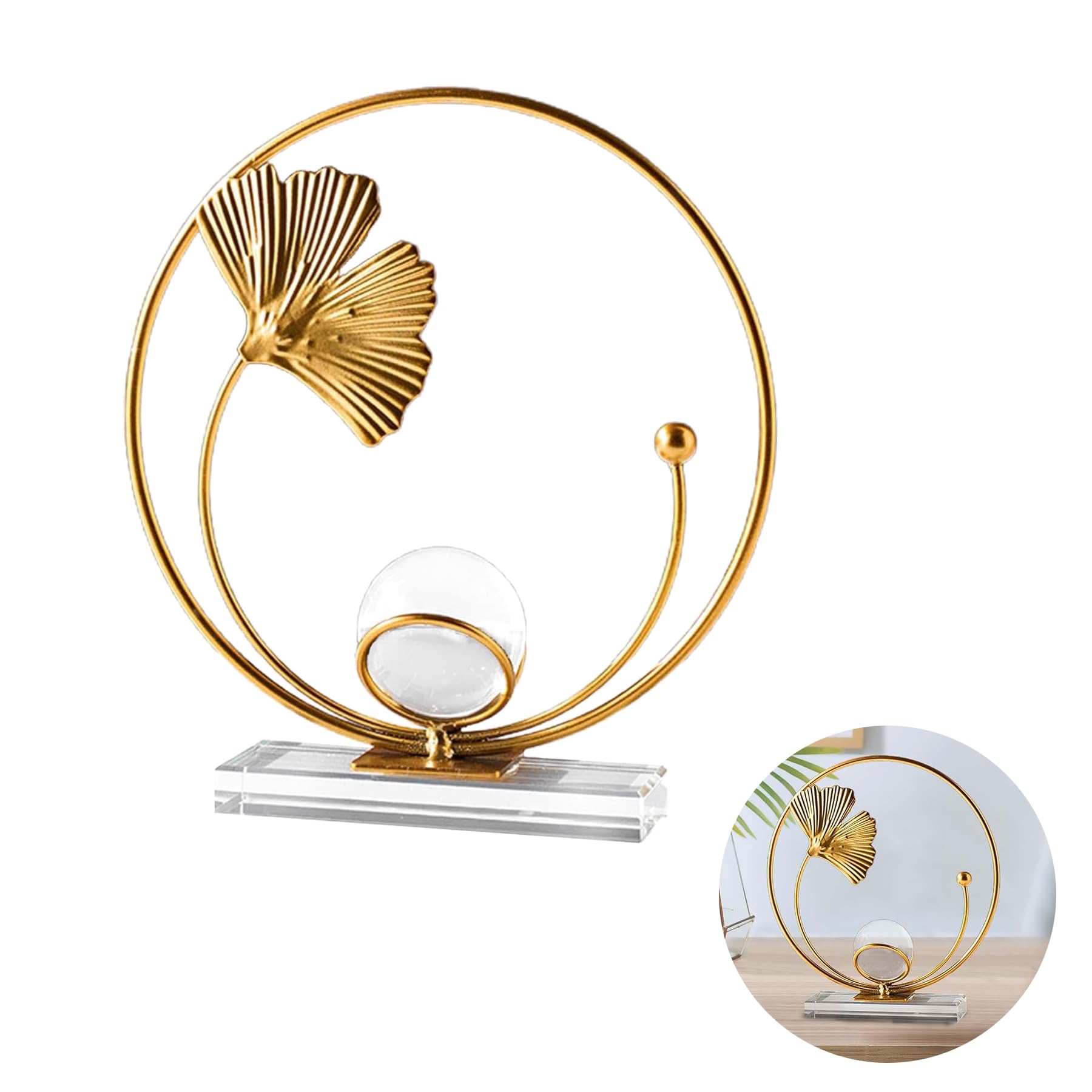 AXXIMENG Metal Leaf Sculpture Leaves Statue Crystal Ball Decorative Ginkgo Leaf Statue Home Ornaments Sculptures Metal Leaves Gold for Living Room Table Decoration Bedside Table Desktop Decoration