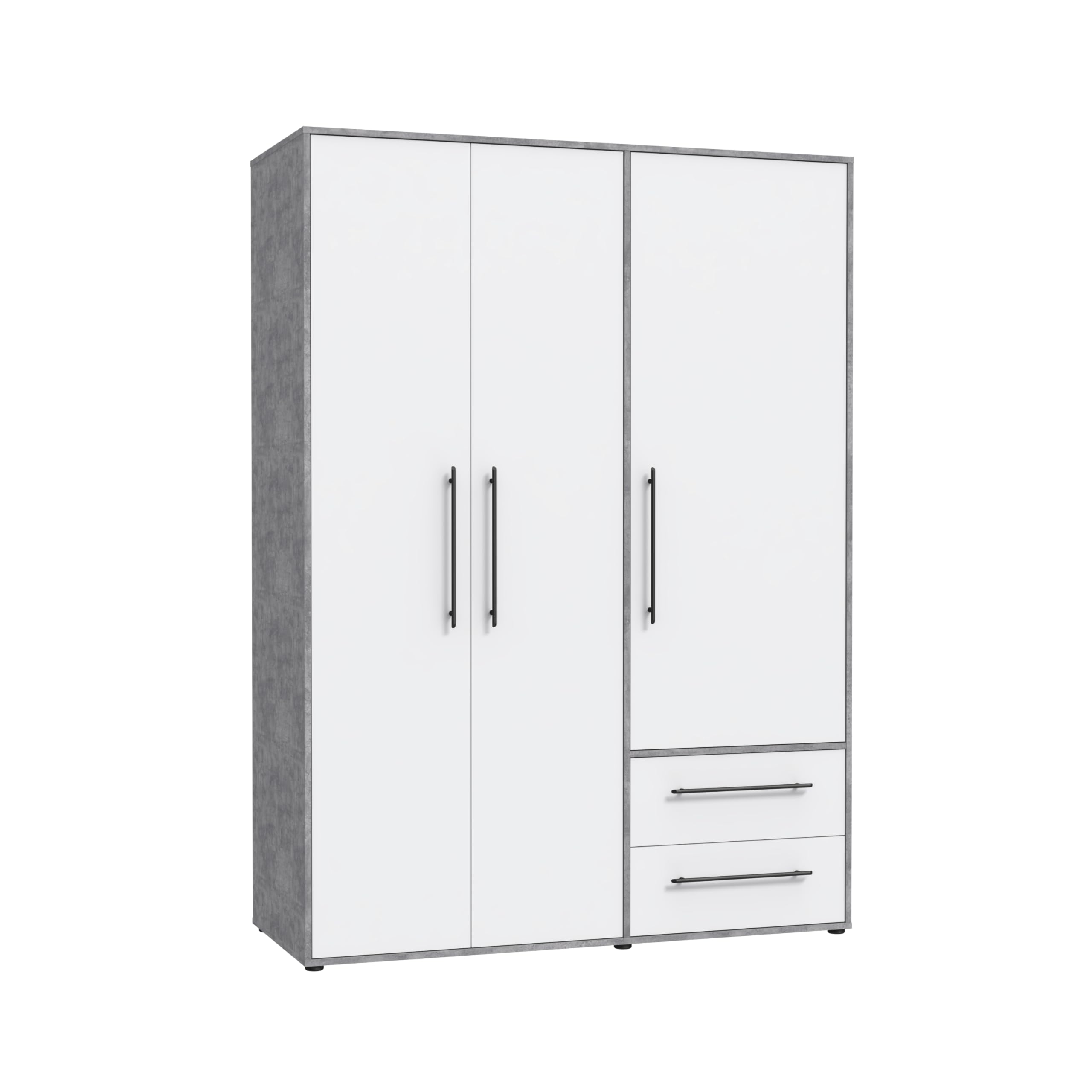 FORTE Jupiter Schrank 140 150, Kleiderschrank, Drehtürenschrank, 3-türig, mit 2 Schubladen und Einlegeböden, Betonoptik Grau und Weiß, 145 cm breit x 59 cm tief x 200 cm hoch