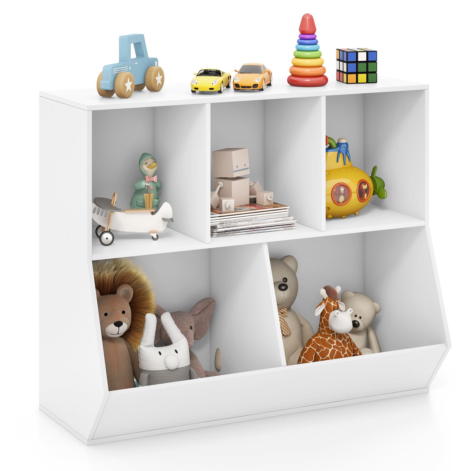 GYMAX Toy Storage Organizer, 5 Cubby Kids Storage Shelf Unit with Anti-Tipping Kits, Wooden Children Bookcase for Kids Room Playroom Nursery (White)