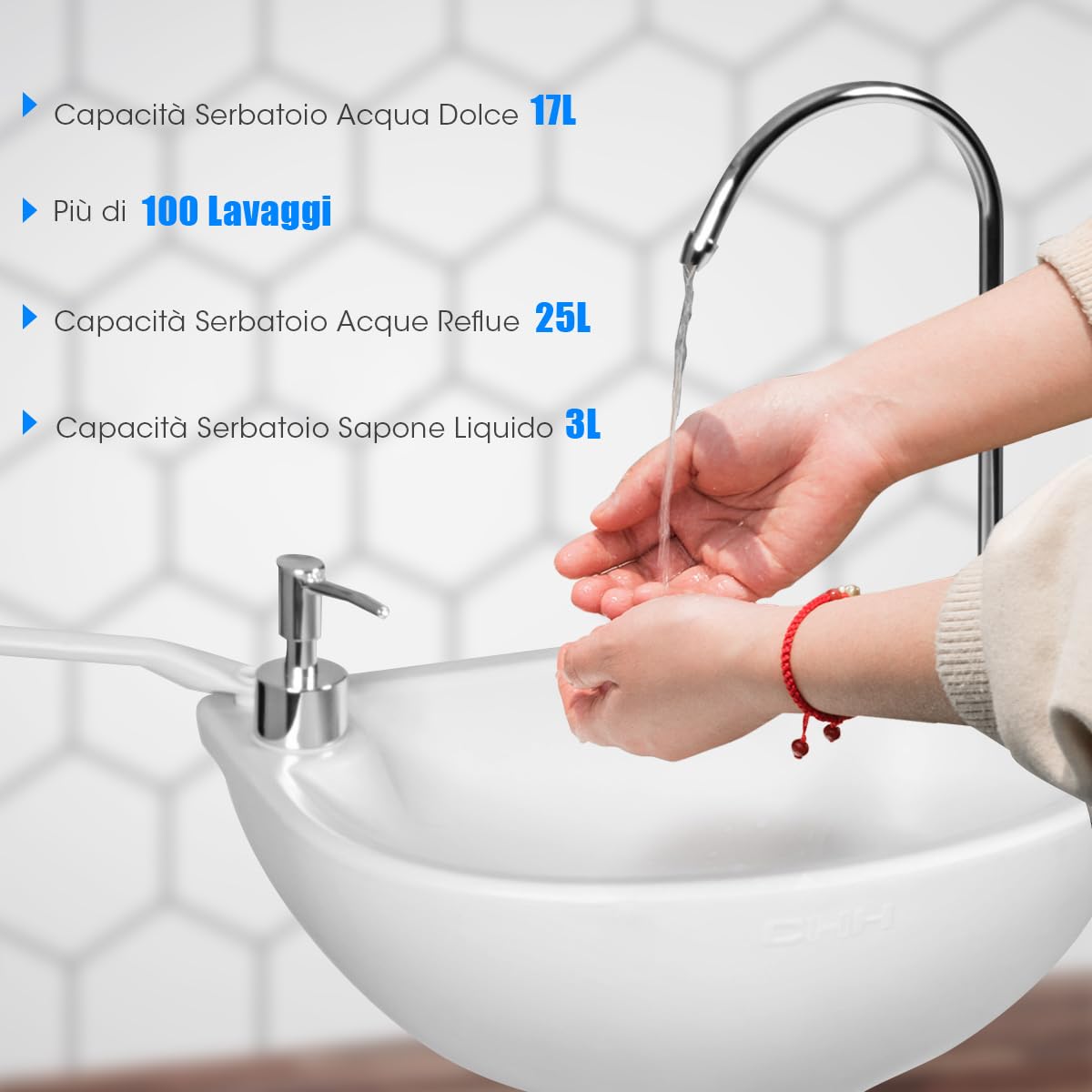 COSTWAY Lavandino da Campeggio con Pompa a Pedale, Lavandino Portatile con Serbatoio d'Acqua da 17L, Dispenser Sapone, Portasciugamani e Ruote (58 x34 x 102cm)