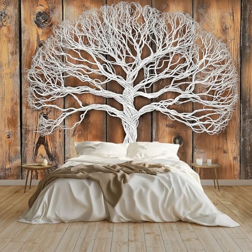 Papel pintado Mural Adhesivo de Pared Árbol De La Vida De Metal Blanco Art Papel Tapiz Fotográfico 350x256 cm Personalizada Catering Papel Tapiz Restaurante Decoración de Fondo Mural, Marrón