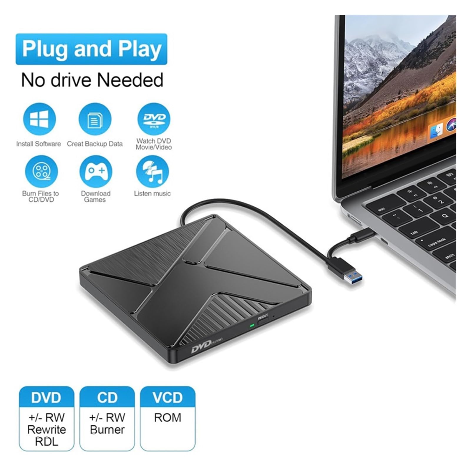 Unità Ottica Esterna USB, Masterizzatore Dvd For Laptop, Lettore Di Dischi, Unità Ottica, Cd Portatile(Style 2)