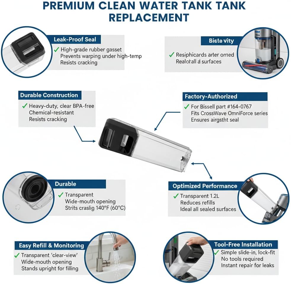 Replacement of Bissell Clean Water Tank of Crosswave Omniofce Vacuums – Compatible with Models 3882, 3883, 3933, 3930F #164-0767