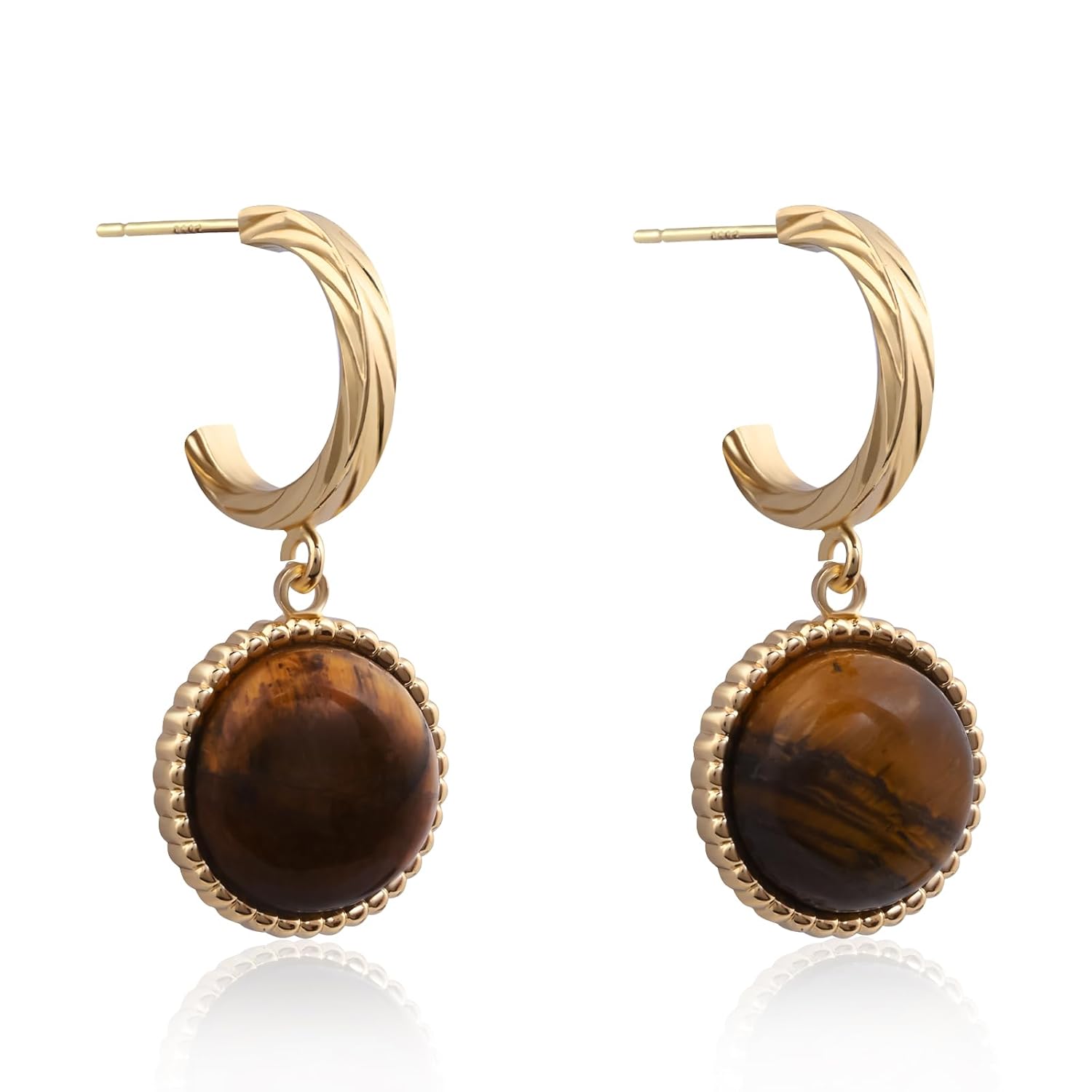 Tiger Eye Earrings with 14k Gold Plated Dangle Earrings for Women, Brown Gemstone, Hoop Stud Style