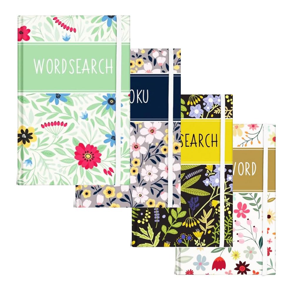 Sixstore A6 Pocket Travel Size 3 in 1 Sudoku, Word Search, Crossword Puzzle Book, Size 15 x 10.5cm with Elastic Band, White Floral