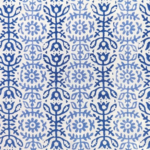 AVKA Studio Hand Block Print Fabric by The Yard - PRECUT 3 Yards 42 Inch Width - 100% Cotton Material - White & Blue Floral Pattern - Light Weight Indian Cloth for Making Summer Dress Tops Projects