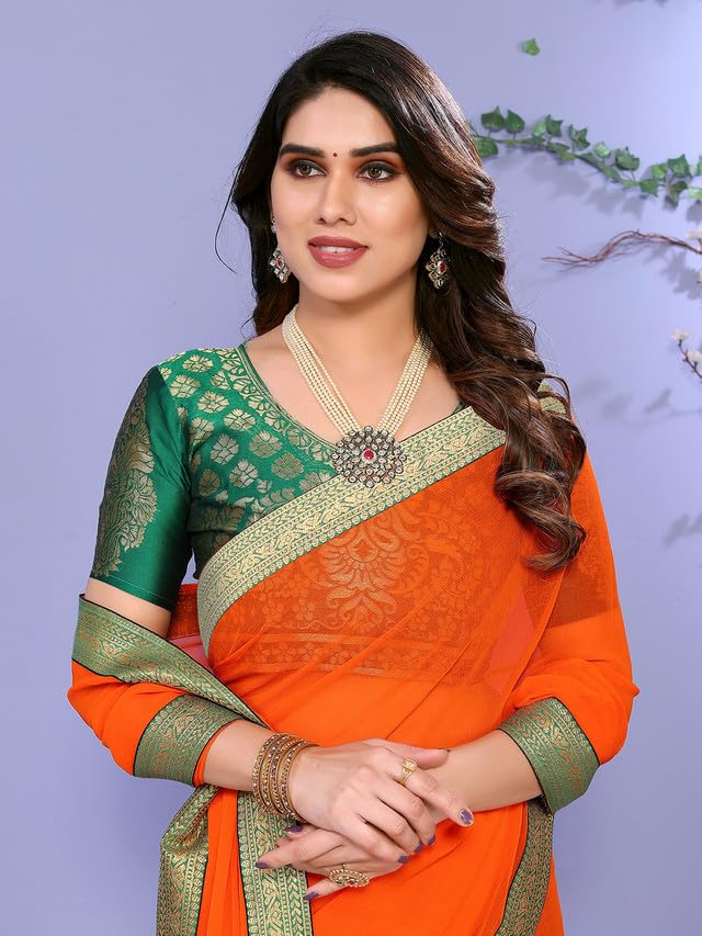 Image of Satrani Women's Woven Jari Border Chiffon Saree with Unstitched Blouse Piece( 
