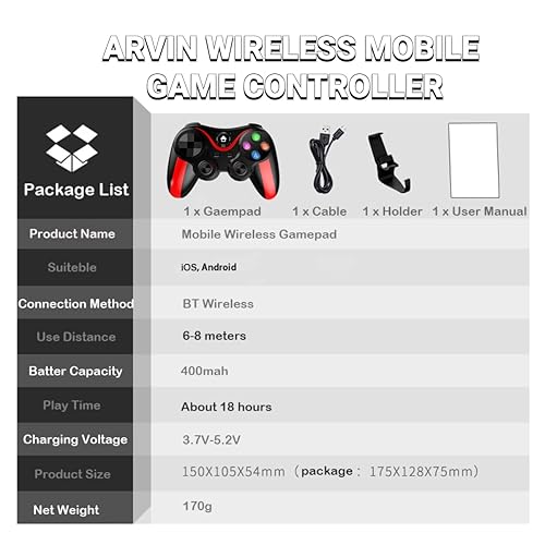 Miniatura 7 de arVin Mobile Game Controller for iPhone & Android with Phone Holder, Bluetooth Gamepad Joystick for iPhone 15/14/13/12/11, iOS, iPad, Samsung Galaxy
