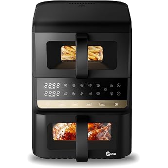 Dual Hot Air Fryer 2 Chambers 10 L Large Airfryer Double Chamber on Top of Each other Hot Air Fryer with Viewing Window Interior Lighting Grilling Baking Fryer without Oil 3.5 L + 6.5 L SYNC Function
