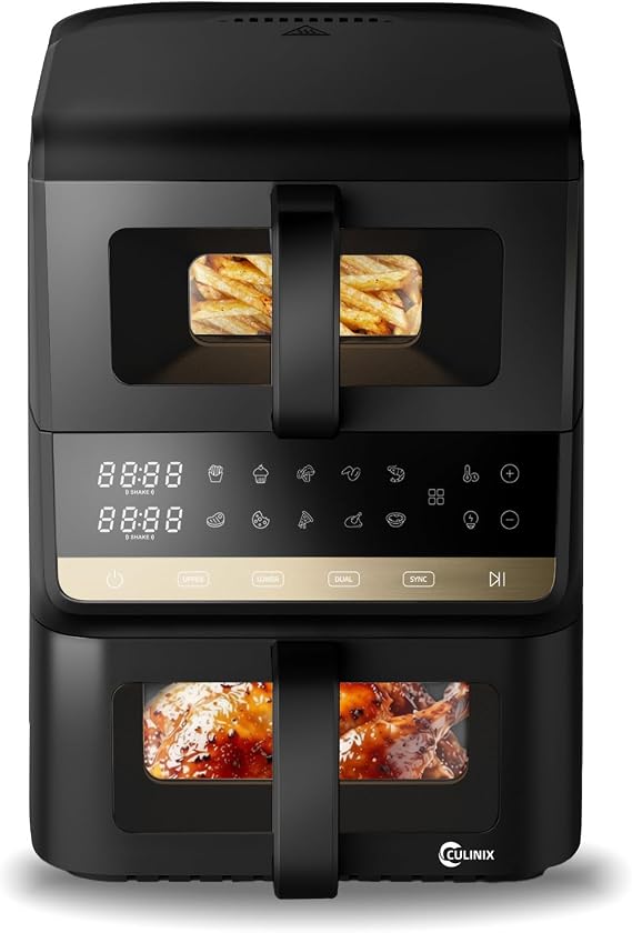 Doppelkammer HeiĂźluftfritteuse 10L, 2500W, 2 Sichtfenster | Zwei Kammern 3.5L+6.5L separat steuerbar & per Sync, 10 Programme, Innenbeleuchtung, ohne Ă–l, Grillen Backen fĂĽr Familien