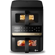 Double Chamber Hot Air Fryer 10 L 2500 W 2 Viewing Windows Zwei Kammern 3.5L+6.5L separat steuerbar & per Sync 10 Programme Innenbeleuchtung ohne  l Grillen Backen f r Familien