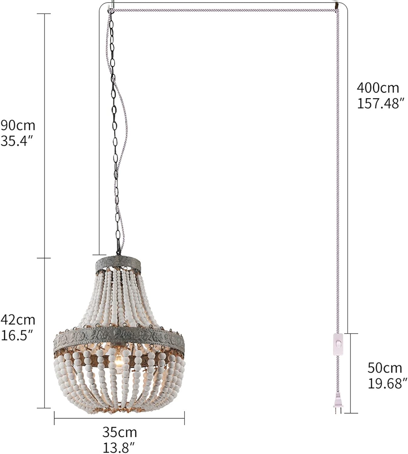 Wood Bead Chandelier Pendant Gray White Finishing Bohemian Boho Beachy Ceiling Lamp Light Fixtures (13.8 in*16.5in-Plug in)