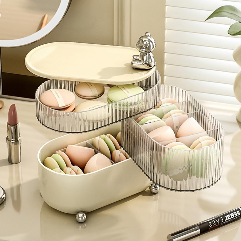 Cosmetic Storage Organizer 360° Rotating 3 Layers Multi-Compartments Desktop Cotton Pad Cosmetic Lipstick Makeup Brush Jewellery Holder for Countertop Vanity-image-15