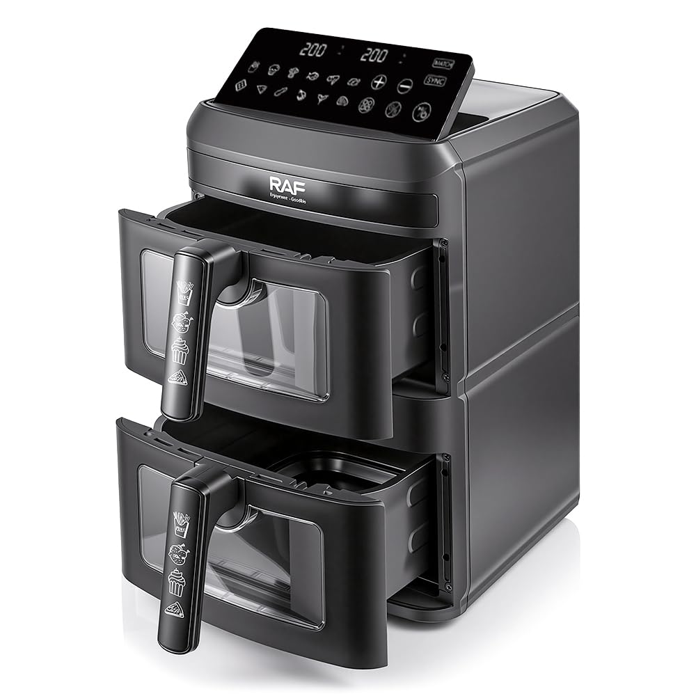 RAF frytkownica powietrzna podwójny kosz 14 l, 2800 W, podwójna strefa 7L + 7 l, temperatura 60-200°C, timer 60 minut, matowy czarny, model R.50