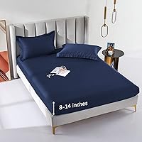 Vista 7 de MILDLY Sábana bajera ajustable de bolsillo profundo solamente, tamaño Queen 60"x80", 100% algodón de fibra larga, azul marino, sábana inferior