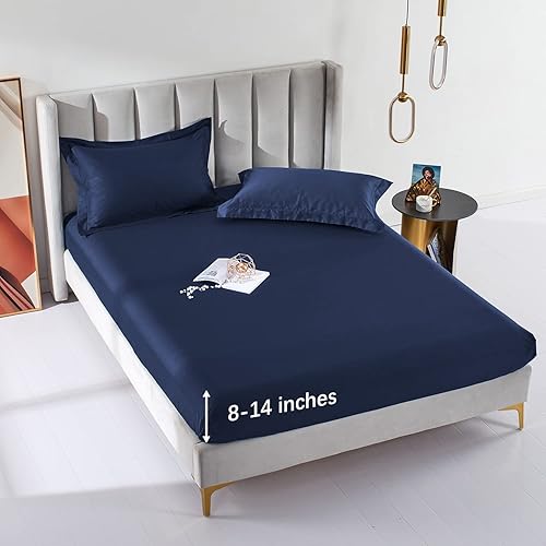 Miniatura 7 de MILDLY Sábana bajera ajustable de bolsillo profundo solamente, tamaño Queen 60"x80", 100% algodón de fibra larga, azul marino, sábana inferior