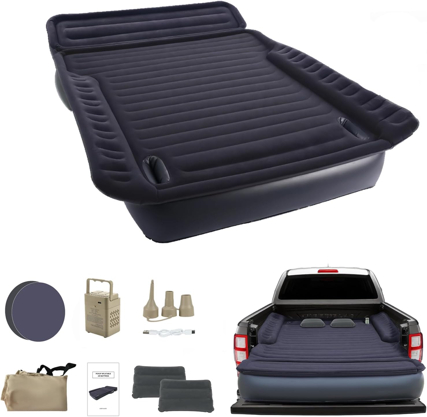 Product image of Camping Pickup Truck Bed Air Mattress for 5.5-6.5FT, Full Size Self Inflating Flocking Air Mattress Queen with Built-in Pump Portable for Travel, with 2 Pillows Truck, Tent Carry Bag