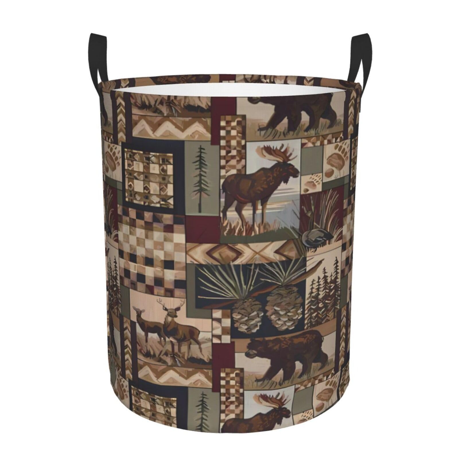 S Circular Hamper – Collapsible Lodge Bear Deer Print Laundry Basket