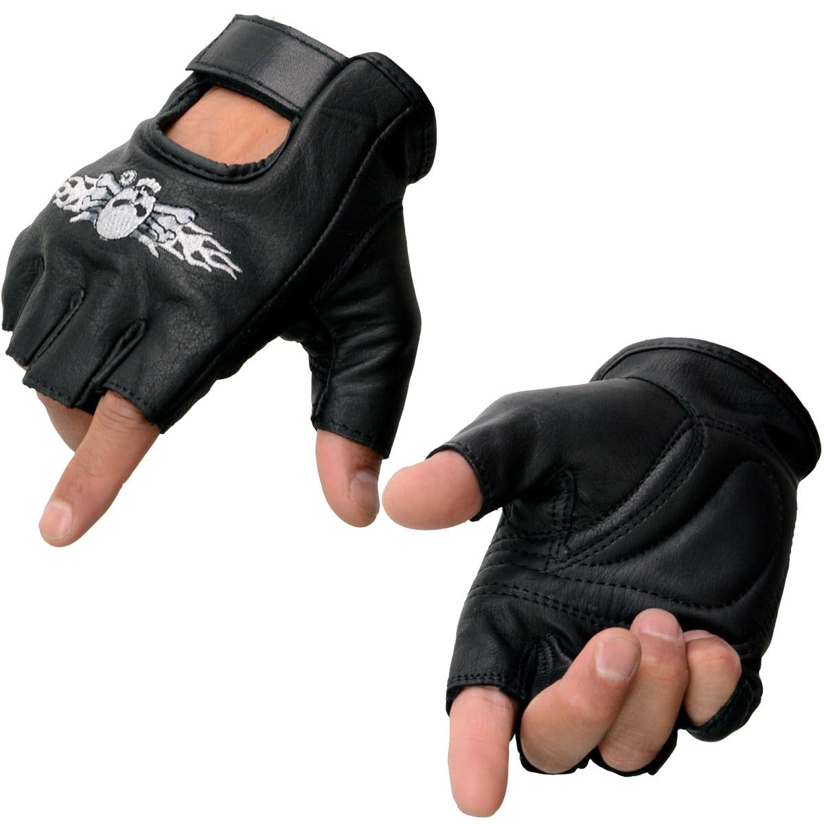 Milwaukee Leather SH198 Men's Black Flame Embroidered Fingerless Gloves with Gel Palm